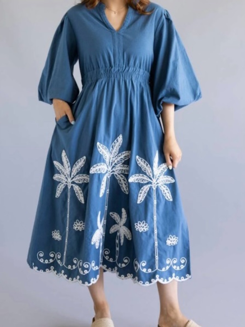 Simply Southern Blue Midi Dress with White Palm Embroidery xxl - Picture 2 of 8